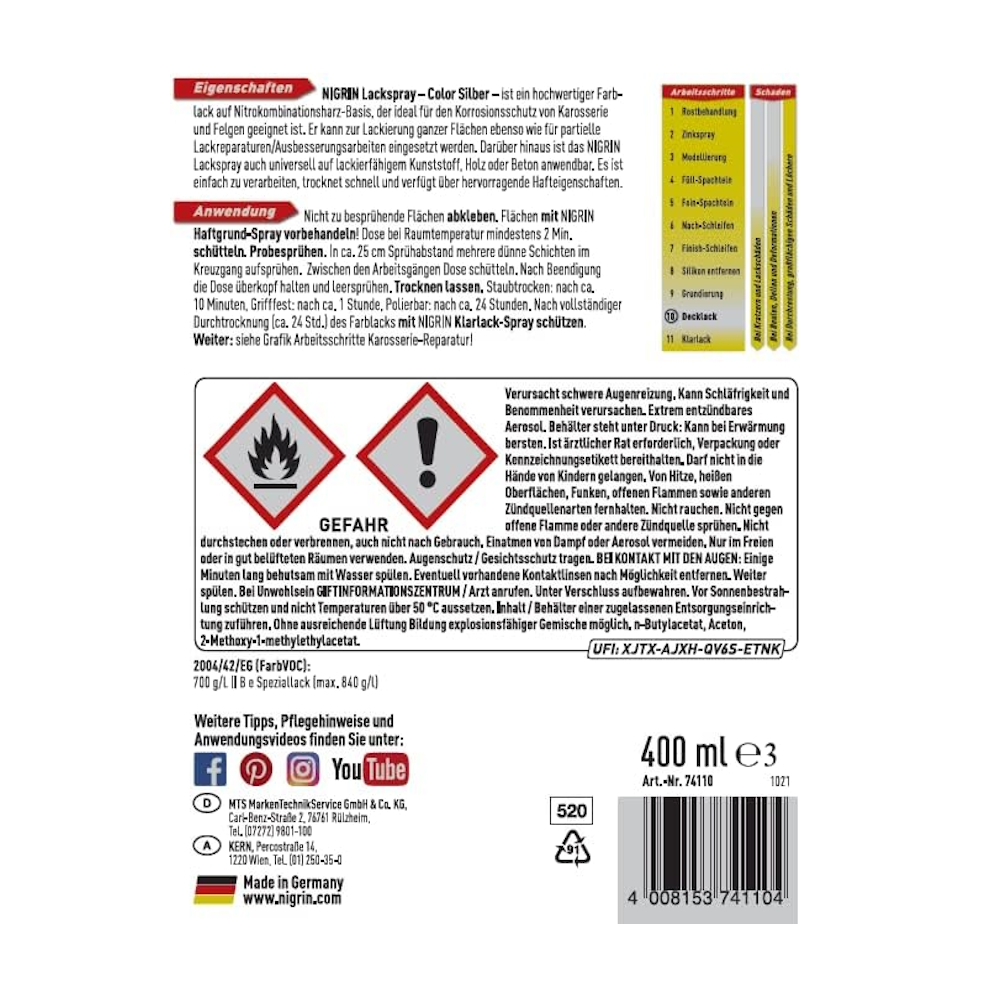 NIGRIN color spray paint Silver 400 ml - Image 3