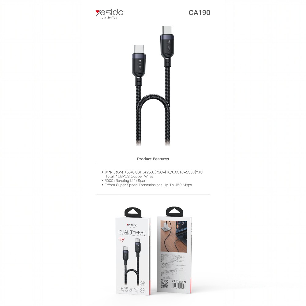 Дата кабел за телефон YESIDO USB Type-C към Type-C 120 см (max.60W/3А) 480Mbps - Image 3